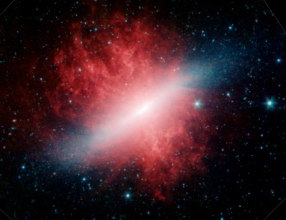 WISE will find the most luminous galaxies in the universe -- incredibly energetic objects bursting with new stars. The infrared telescope can see the glow of dust that shrouds these galaxies, hiding them from visible-light telescopes. An example of a dusty, luminous galaxy is shown here in this infrared portrait of the "Cigar" galaxy taken by NASA's Spitzer Space Telescope. Dust is color-coded red, and starlight blue. Credit: NASA/JPL-Caltech/Steward Observatory 