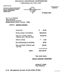 A copy of the invoice sent by Grumman Management to North American Rockwell for charges associated with the Grumman LEM towing Rockwell's CSM back to Earth. Via SpaceRef.