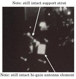 An annotated closeup of the S-Band/Hi Gain antenna on Apollo 13 after the explosion. Credit: NASA/Jerry Woodfill. 