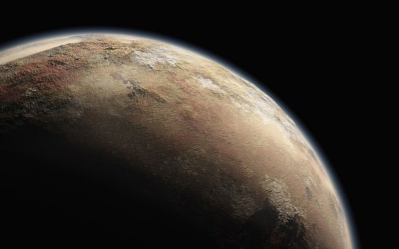 An artist's illustration of Pluto. With a tenuous atmosphere that has so far defied explanations, New Horizons is altogether revealing a light red - peach - colored surface but with large contrasting areas of white and dark red. (Illust. Credit: NASA/New Horizons)