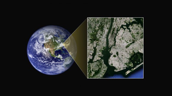 New York City's Manhattan is shown as an example of the resolving power the Ralph multi-spectral imager will have at closest approach to Pluto and Charon (Photo Credit: NASA/New Horizons)