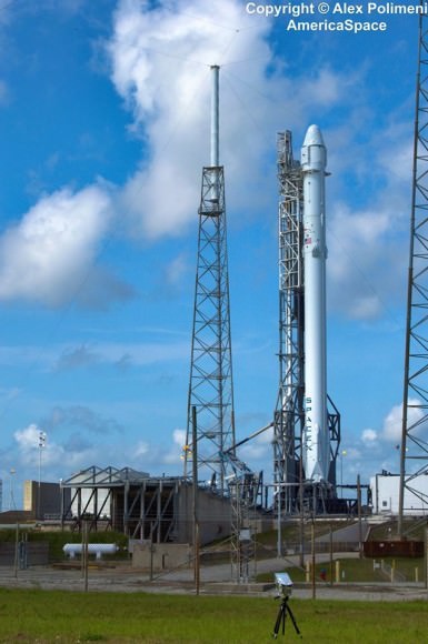 The SpaceX Falcon 9 with the Dragon vessel for the CRS-6 launch is poised upright to the International Space Station for a launch at 4:10 PM eastern time from Cape Canaveral.  Credit: Alex Polimeni/AmericaSpace