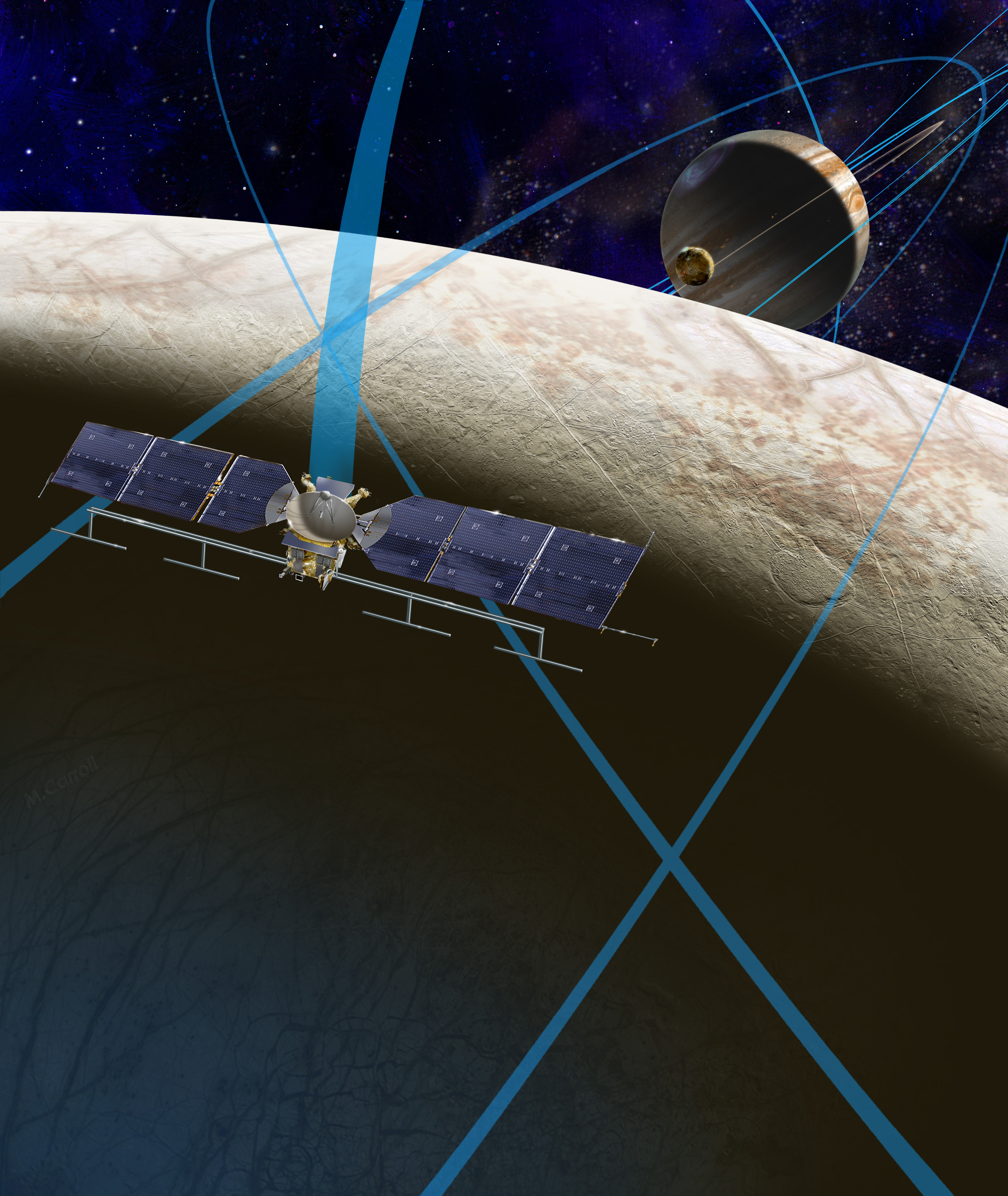 This artist's rendering shows a concept for a future NASA mission to Europa in which a spacecraft would make multiple close flybys of the icy Jovian moon, thought to contain a global subsurface ocean.  Credits: NASA/JPL-Caltech