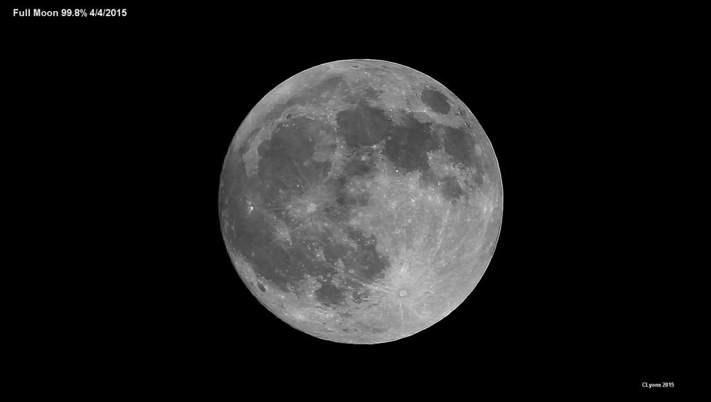 The April 4th, 2015 Moon, at 99.8% illuminated and about as 'Full' as it ever gets. Image credit and copyright: Chris Lyons