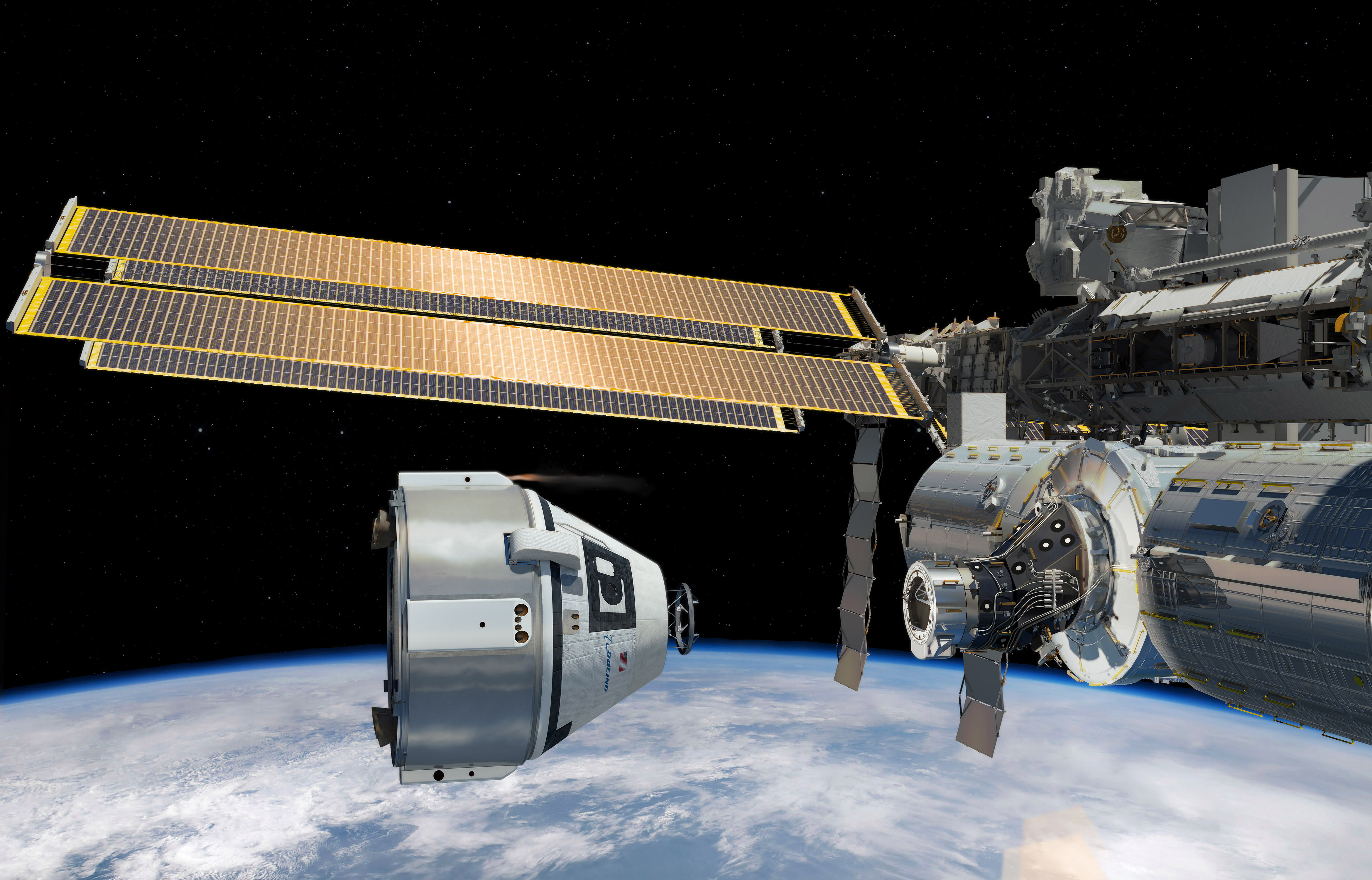 Boeing was awarded the first service flight of the CST-100 crew capsule to the International Space Station as part of the Commercial Crew Transportation Capability agreement with NASA in this artists concept.  Credit: Boeing