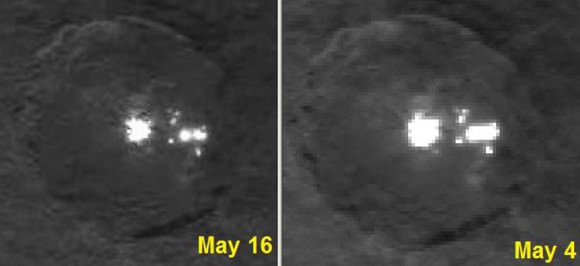 Comparison of the most recent photos of the white spots taken Dawn's current 4,500 miles vs. 8,400 miles on May 3. Credit: 