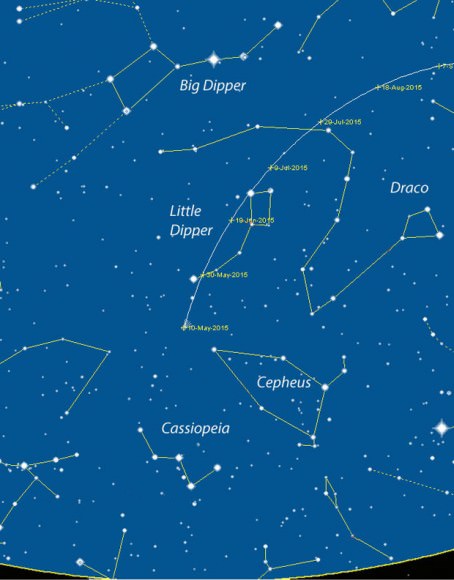 Wide view of the sky facing north in mid-May around 10:30 p.m. local time. Use the Pointer stars in the Big Dipper to point you to Polaris and from there to the comet. Source: Chris Marriott's SkyMap
