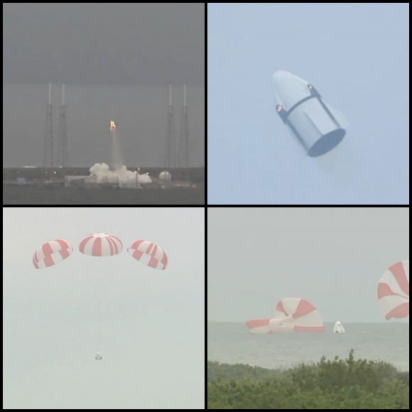 Sequence of May 6, 2015 SpaceX Pad Abort Test Flight in Four Frames. Credit: NASA