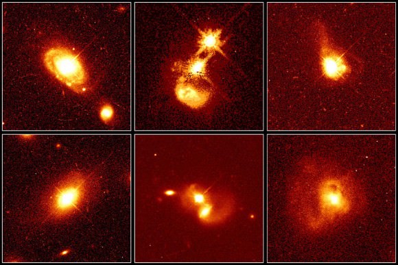Quasars are distant, brilliant sources of light, believed to occur when a massive black hole in the center of a galaxy feeds on gas and stars. As the black hole consumes the material, it emits intense radiation, which is then detected as a quasar. These photos, taken by Hubble, show them as brilliant "stars" in the cores of six different galaxies. Credit: NASA/ESA