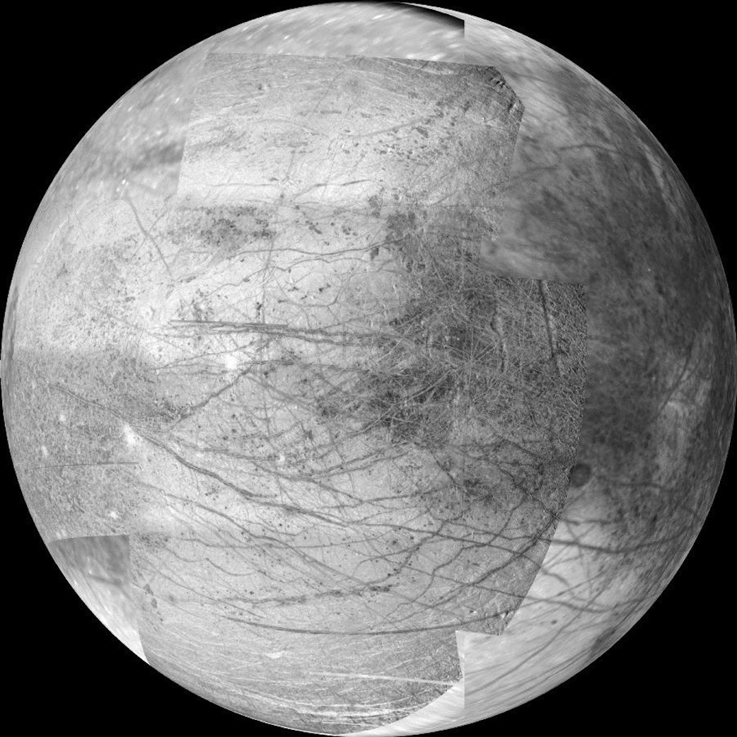 This 12-frame mosaic provides the highest resolution view ever obtained of the side of Jupiter's moon Europa that faces the giant planet. It was obtained on Nov. 25, 1999 by the camera onboard the Galileo spacecraft, a past NASA mission to Jupiter and its moons. Credit: NASA/JPL/University of Arizona