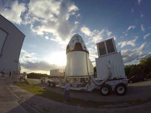 SpaceX Pad Abort Test vehicle being transported at the Florida launch complex. Credit: SpaceX
