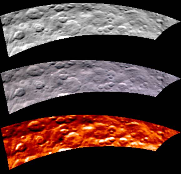 Images from Dawn's visible and infrared mapping spectrometer (VIR) show a portion of Ceres' cratered northern hemisphere, taken on May 16, 2015. From top to bottom, the views include a black-and-white image, a true-color view and a temperature image. The true-color view contains reddish dots that are image artifacts, which are not part of Ceres' surface.
