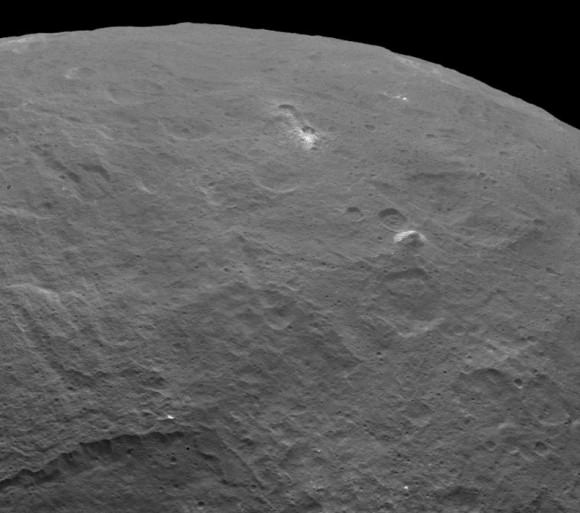 Another more overhead view of the mountain (right of center) taken by NASA's Dawn probe on June 6. Credit: NASA/JPL-Caltech/UCLA/MPS/DLR/IDA