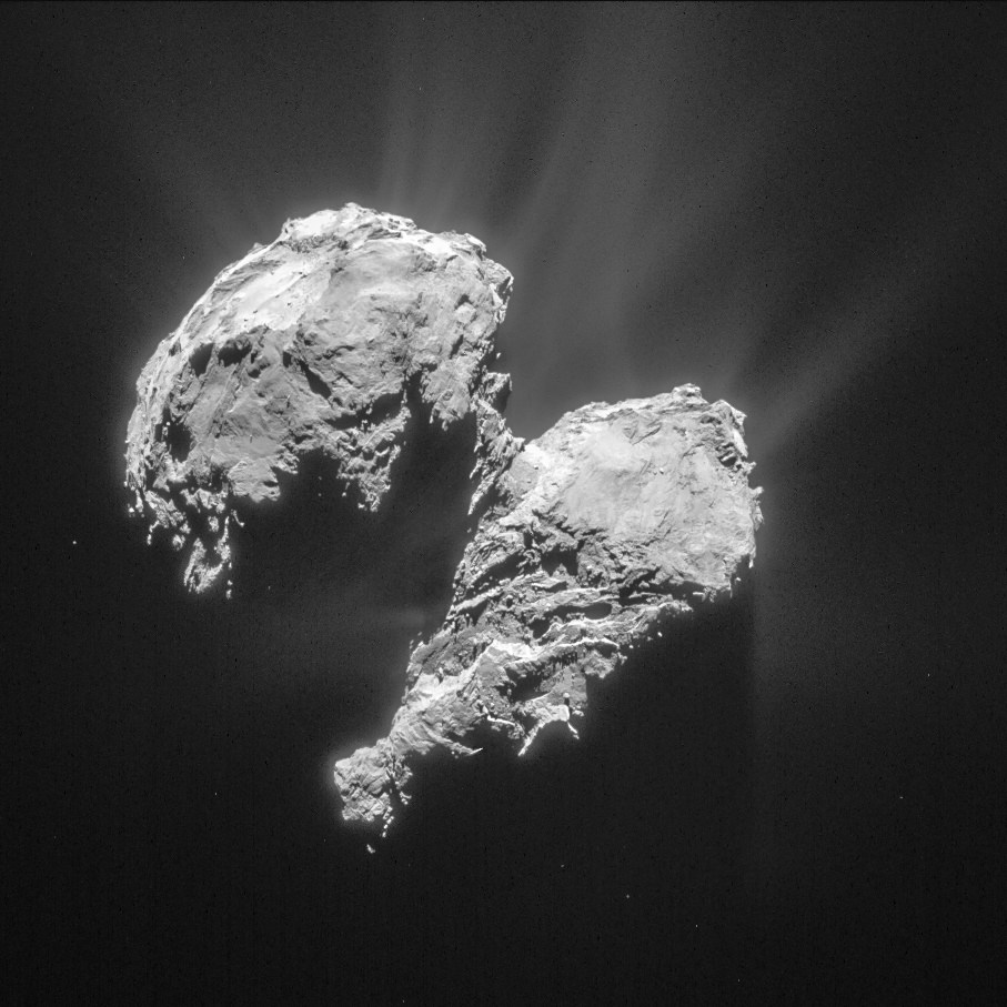 This single frame Rosetta navigation camera image was taken from a distance of 77.8 km from the centre of Comet 67P/Churyumov-Gerasimenko on 22 March 2015. The image has a resolution of 6.6 m/pixel and measures 6 x 6 km. The image is cropped and processed to bring out the details of the comet’s activity. Credit: ESA/Rosetta/NAVCAM – CC BY-SA IGO 3.0