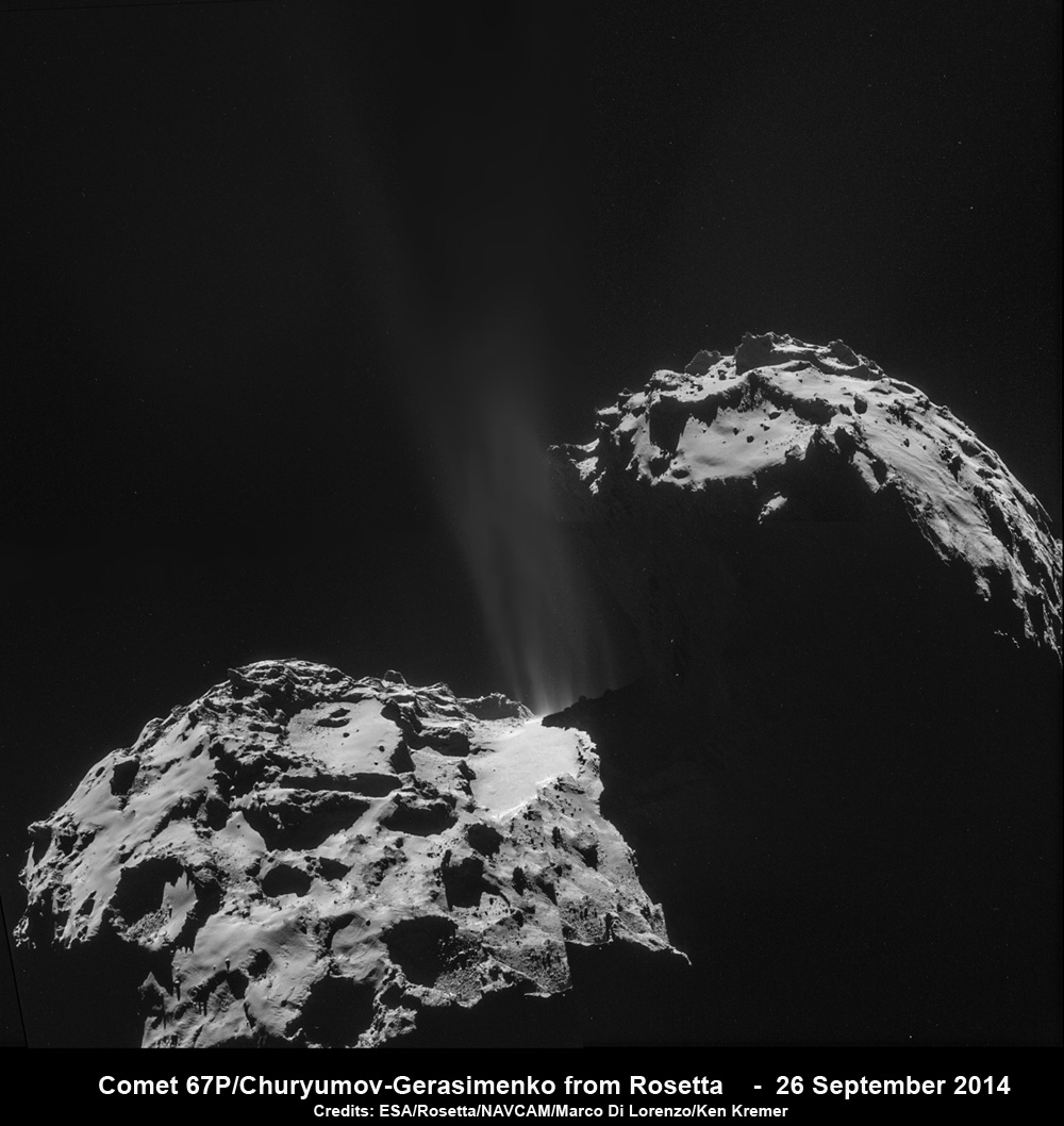 Jets of gas and dust are blasting from the active neck of comet 67P/Churyumov-Gerasimenko in this photo mosaic assembled from four images taken on 26 September 2014 by the European Space Agency’s Rosetta spacecraft at a distance of 26.3 kilometers (16 miles) from the center of the comet. Credit: ESA/Rosetta/NAVCAM/Marco Di Lorenzo/Ken Kremer/kenkremer.com