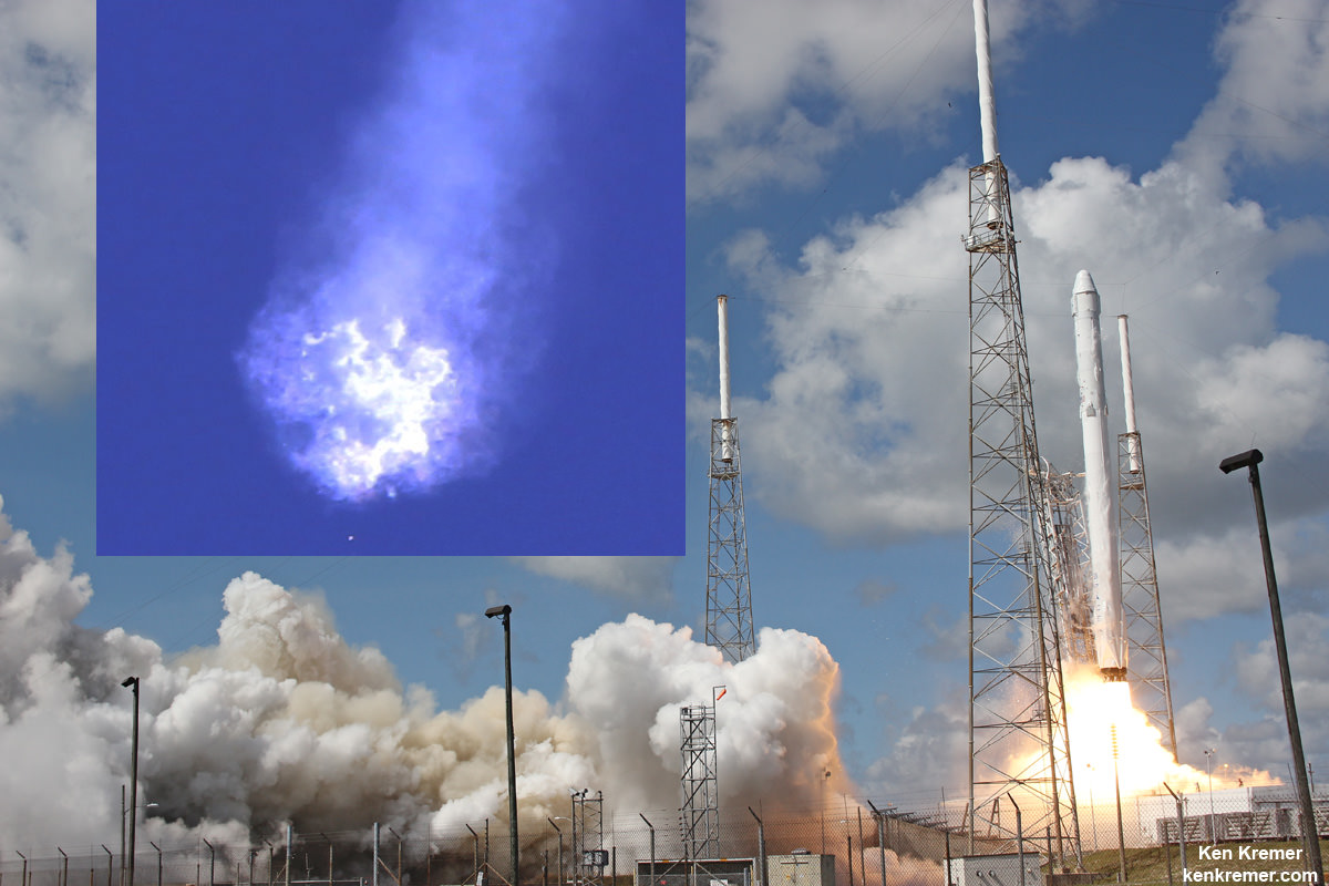 The SpaceX Falcon 9 rocket and Dragon cargo spaceship dazzled in the moments after liftoff from Cape Canaveral, Florida, on June 28, 2015 but were soon doomed to a sudden catastrophic destruction barely two minutes later in the inset photo (left).  Composite image includes up close launch photo taken from pad camera set at Space Launch Complex 40 at Cape Canaveral and mid-air explosion photo taken from the roof of the Vehicle Assembly Building (VAB) at NASA’s Kennedy Space Center, Florida as rocket was streaking to the International Space Station (ISS) on CRS-7 cargo resupply mission.  Credit: Ken Kremer/kenkremer.com  