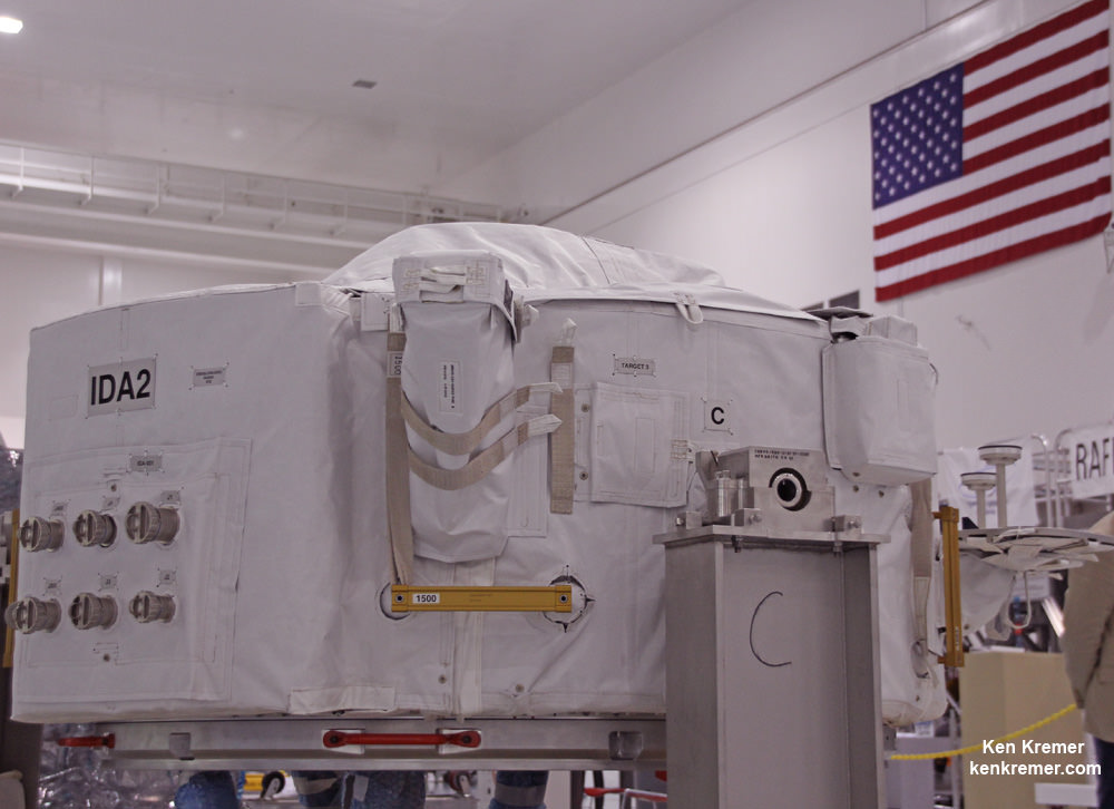 View of International Docking Adapter 2 (IDA-2) being processed inside the Space Station Processing Facility (SSPF) at NASA Kennedy Space Center for eventual launch to the ISS in the trunk of a SpaceX Dragon on the CRS-9 mission. It will be connected to the station to provide a port for Commercial Crew spacecraft carrying astronauts to dock to the orbiting laboratory as soon as 2017.  The identical IDA-1 was destroyed during SpaceX CRS-7 launch failure on June 28, 2015.  Credit: Ken Kremer/kenkremer.com  