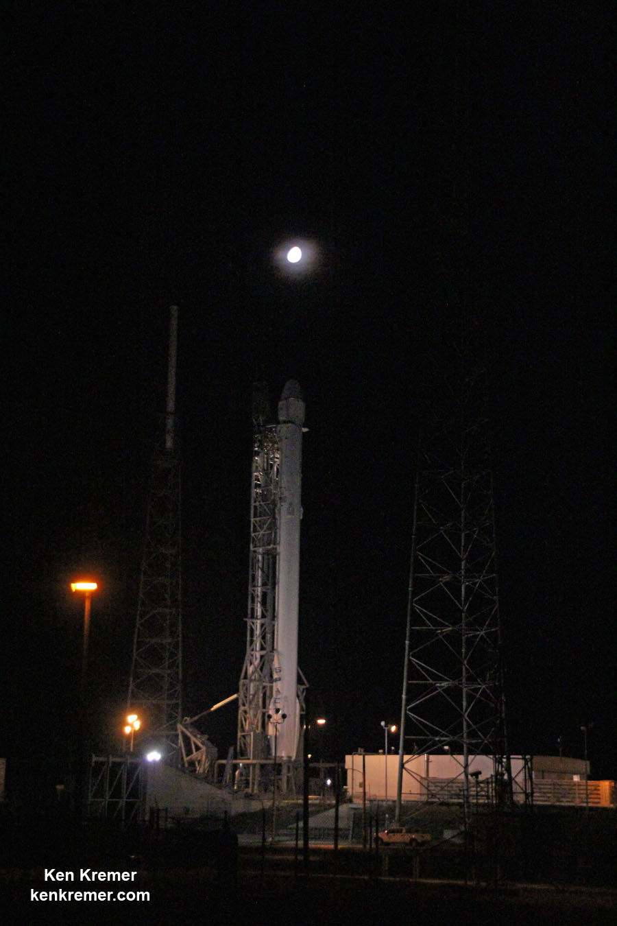 Moon over SpaceX Falcon 9 and Dragon at Cape Canaveral Air Force Station for CRS-7 mission to ISS. Credit: Ken Kremer/kenkremer.com