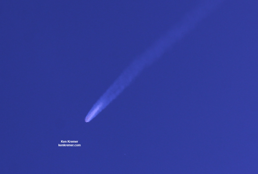 SpaceX Falcon 9 rocket and Dragon resupply spaceship streaking skywards until explosion about 2 minutes after liftoff from Cape Canaveral Air Force Station in Florida on June 28, 2015. Credit: Ken Kremer/kenkremer.com