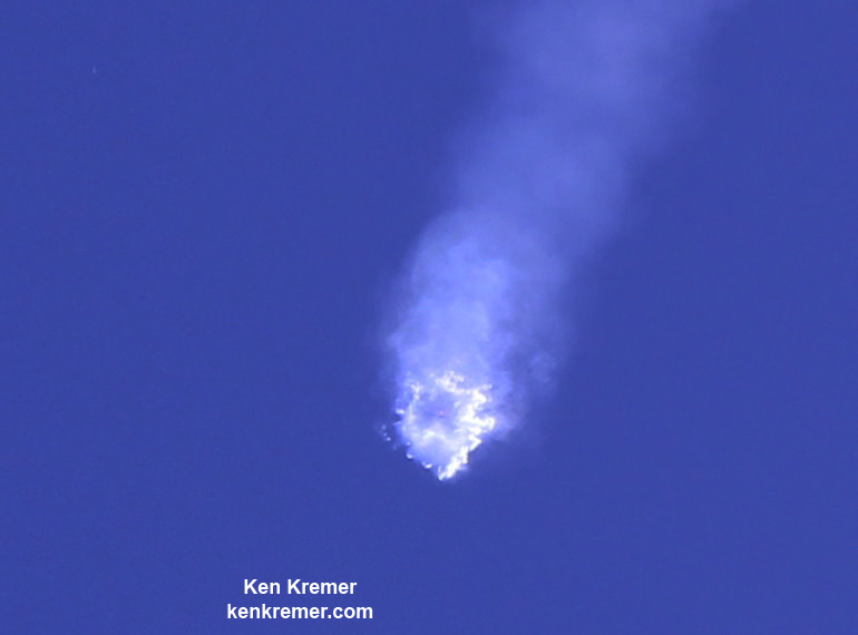 SpaceX Falcon 9 rocket explodes about 2 minutes after liftoff from Cape Canaveral. Credit: Ken Kremer/kenkremer.com