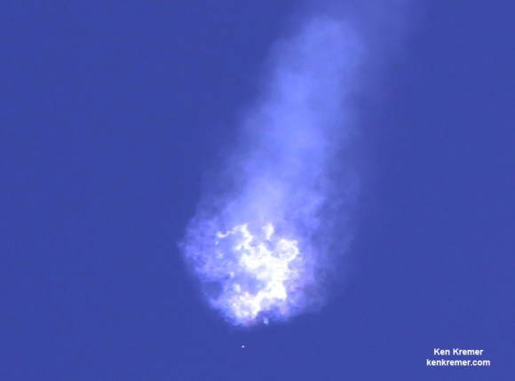 SpaceX Falcon 9 rocket explodes about 2 minutes after liftoff from Cape Canaveral Air Force Station in Florida on June 28, 2015. Credit: Ken Kremer/kenkremer.com 