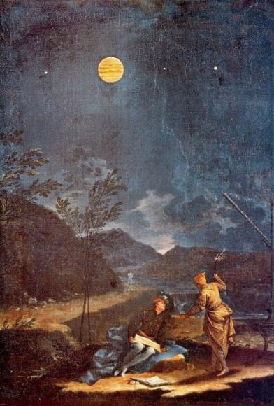 Painting by Italian artist Donato Creti showing a telescopic view of Jupiter above a nighttime landscape. The Great Red Spot is clearly visible. 
