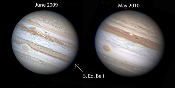 These two photos, taken by Australian amateur astronomer Anthony Wesley, show the dramatic fading of Jupiter's South Equatorial Belt (SEB) from a year ago. The north belt remains dark and easy to see in a small telescope. The red oval is the Great Red Spot, a hurricane-like weather system some 2 1/2 times the size of the Earth.