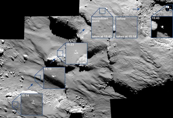 The journey of Rosetta’s Philae lander as it approached and then rebounded from its first touchdown on Comet 67P/Churyumov–Gerasimenko on November 12, 2014. The mosaic comprises a series of images captured by Rosetta’s OSIRIS camera over a 30 minute period spanning the first touchdown. The time of each of image is marked on the corresponding insets and is in Greenwich Mean Time. Credit: ESA/Rosetta/MPS for OSIRIS Team MPS/UPD/LAM/IAA/SSO/INTA/UPM/DASP/IDA