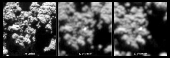‘Before’ and ‘after’ comparison images of a promising candidate located near the CONSERT ellipse as seen in images from Rosetta. Each box covers roughly 65x65 feet (20 x 20 m) on the comet. The left-hand image shows the region as seen on 22 October (before the landing of Philae) from a distance of about 6 miles from the center of the comet, while the center and right-hand images show the same region on December 12 and 13 from 12 miles (20 km) after landing. The candidate is only seen in the two later pictures. Credits: ESA/Rosetta/MPS for OSIRIS Team MPS/UPD/LAM/IAA/SSO/INTA/UPM/DASP/IDA