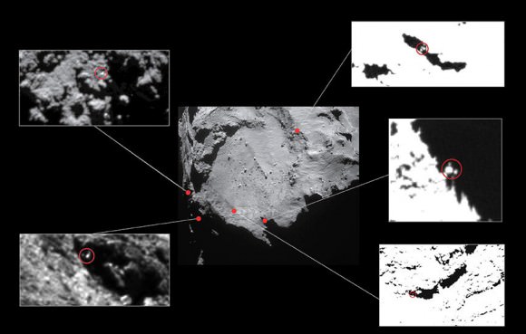 Approximate locations of five lander candidates initially identified in high-resolution photos taken in December 2014, from a distance of about 12.4 miles (20 km) from the comet's center. The candidates identify Philae-sized features about 3-6 feet (1-2 meters) across. The contrast has been stretched in some of the images to better reveal the candidates. All but one of these candidates (top left) have subsequently been ruled out. The candidate at top left lies near to the current CONSERT ellipse (see below). Credit: ESA/Rosetta/NavCam – CC BY-SA IGO 3.0; insets: ESA/Rosetta/MPS for OSIRIS Team MPS/UPD/LAM/IAA/SSO/INTA/UPM/DASP/IDA