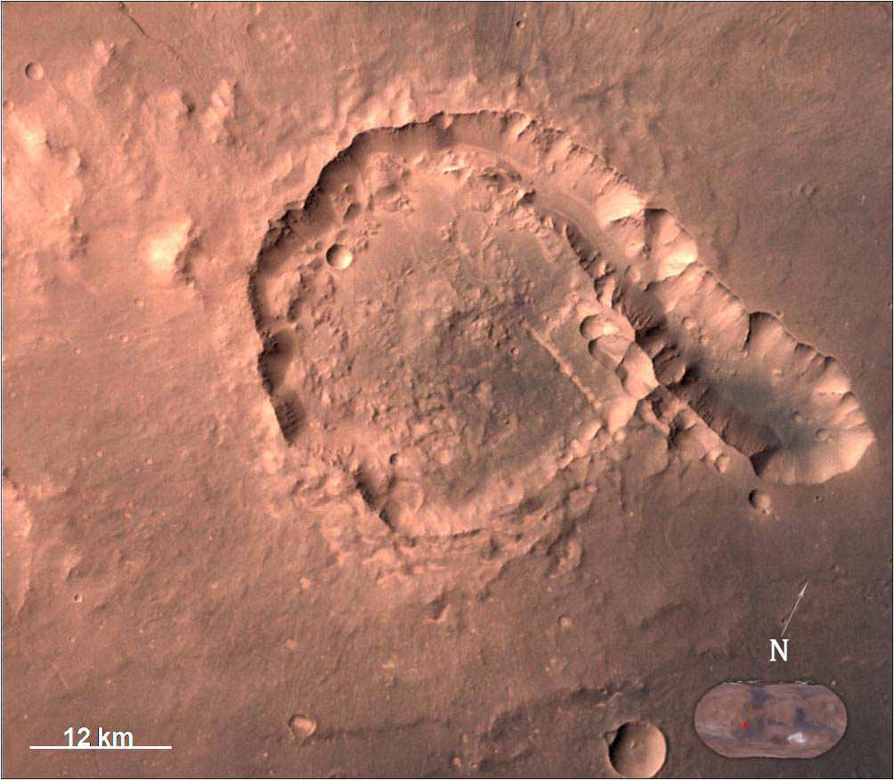 Pital crater is an impact crater located in Ophir Planum region of Mars, which is located in the eastern part of Valles Marineris region. This  image is taken by Mars Color Camera (MCC) on 23-04-2015 at a spatial resolution of  ~42 m from an altitude of 808 km. Credit: ISRO