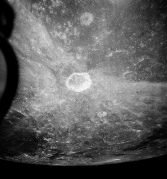 Unique view of the lunar crater Proclus showing an extension system of bright rays taken from Apollo 15. Credit: NASA