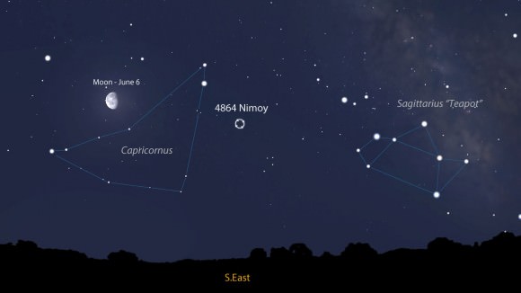 The sky facing southeast around 2 a.m. in early June. Leonard Nimoy's asteroid is currently in Capricornus near its border with Sagittarius. Source: Stellarium