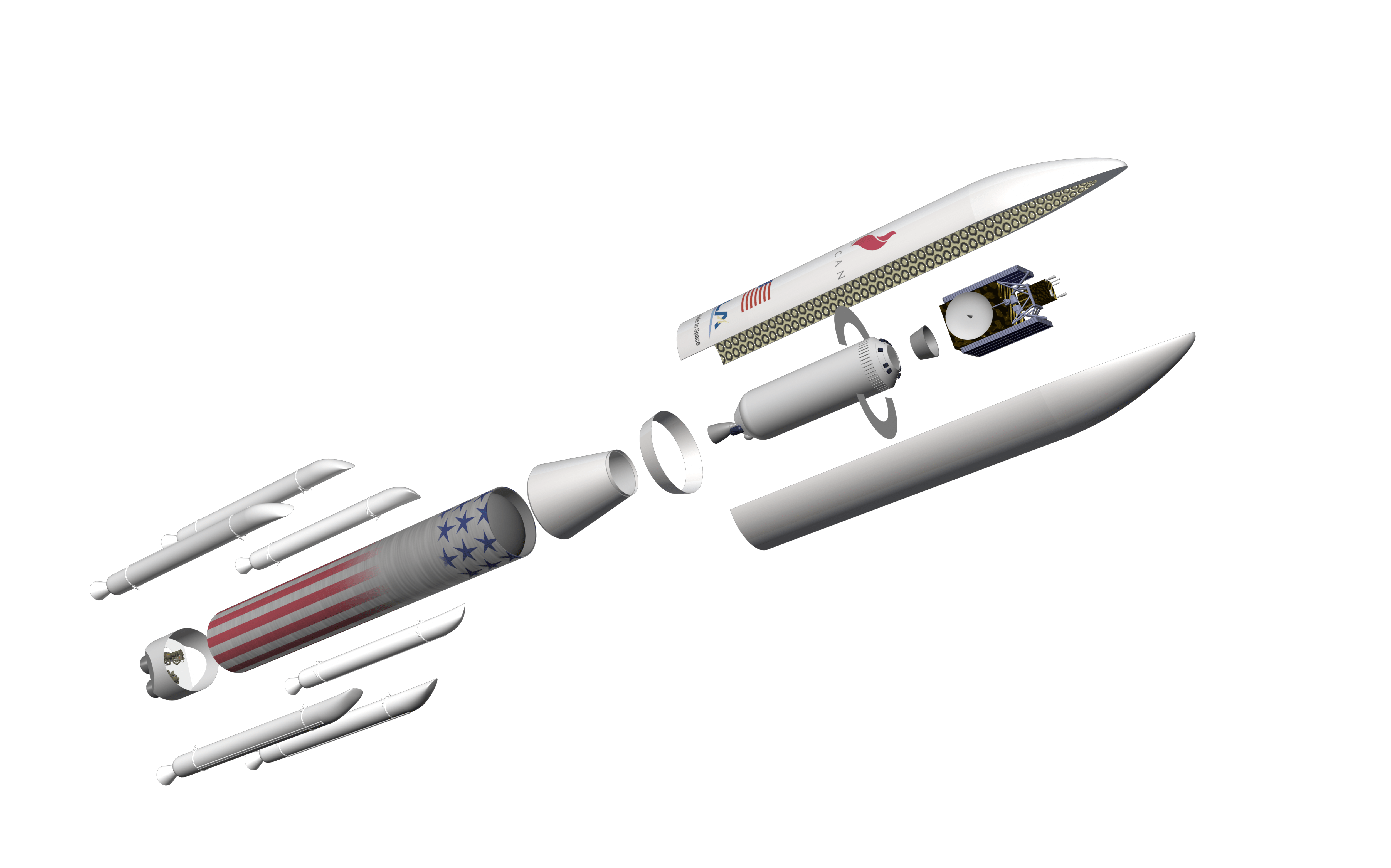 Cutaway diagram of ULA’s new Vulcan rocket powered by BE-4 first stage engines, six solid rocket motors and a 5 meter diameter payload fairing. Credit ULA