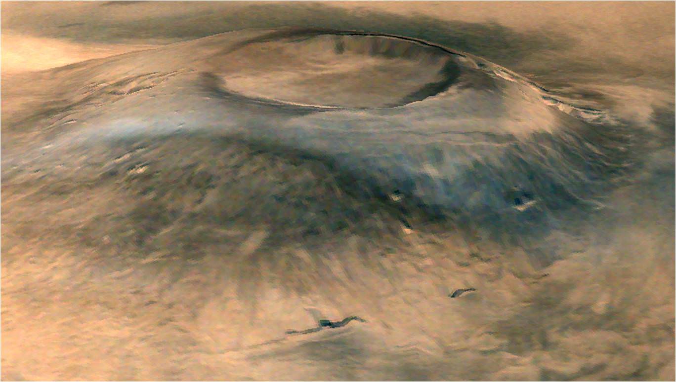 Spectacular 3D view of Arsia Mons, a huge volcano on Mars, taken by camera on India's Mars Orbiter Mission (MOM). Credit: ISRO