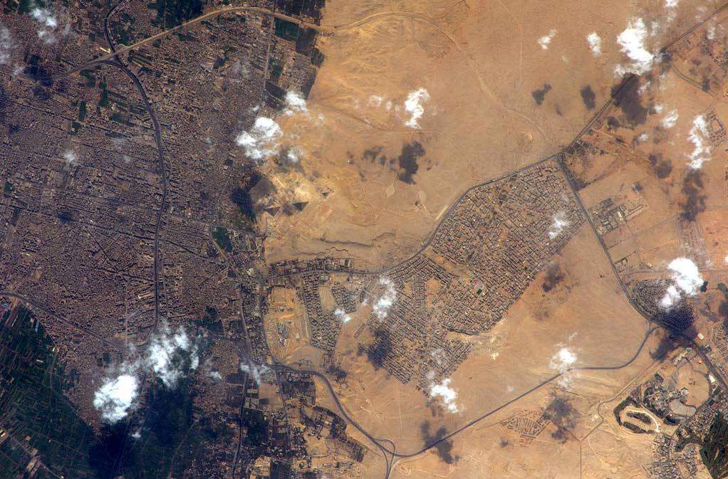 The Egyptian Pyramids of Giza from space and the ISS.  ESA/Samantha Cristoforetti