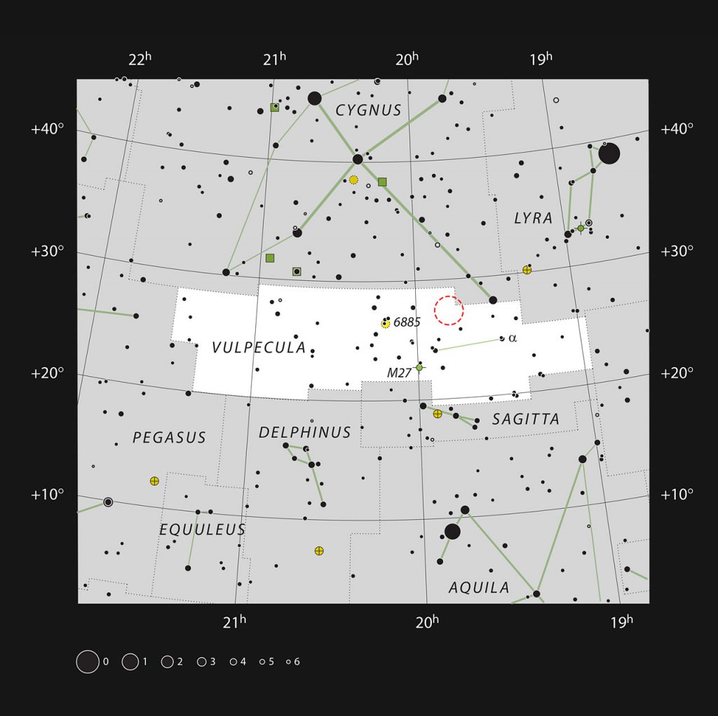 This map includes most of the stars that can be seen on a dark clear night with the naked eye. It shows the small constellation of Vulpecula (The Fox), which lies close to the more prominent constellation of Cygnus (The Swan) in the northern Milky Way. The location of the exploding star Nova Vul 1670 is marked with a red circle.