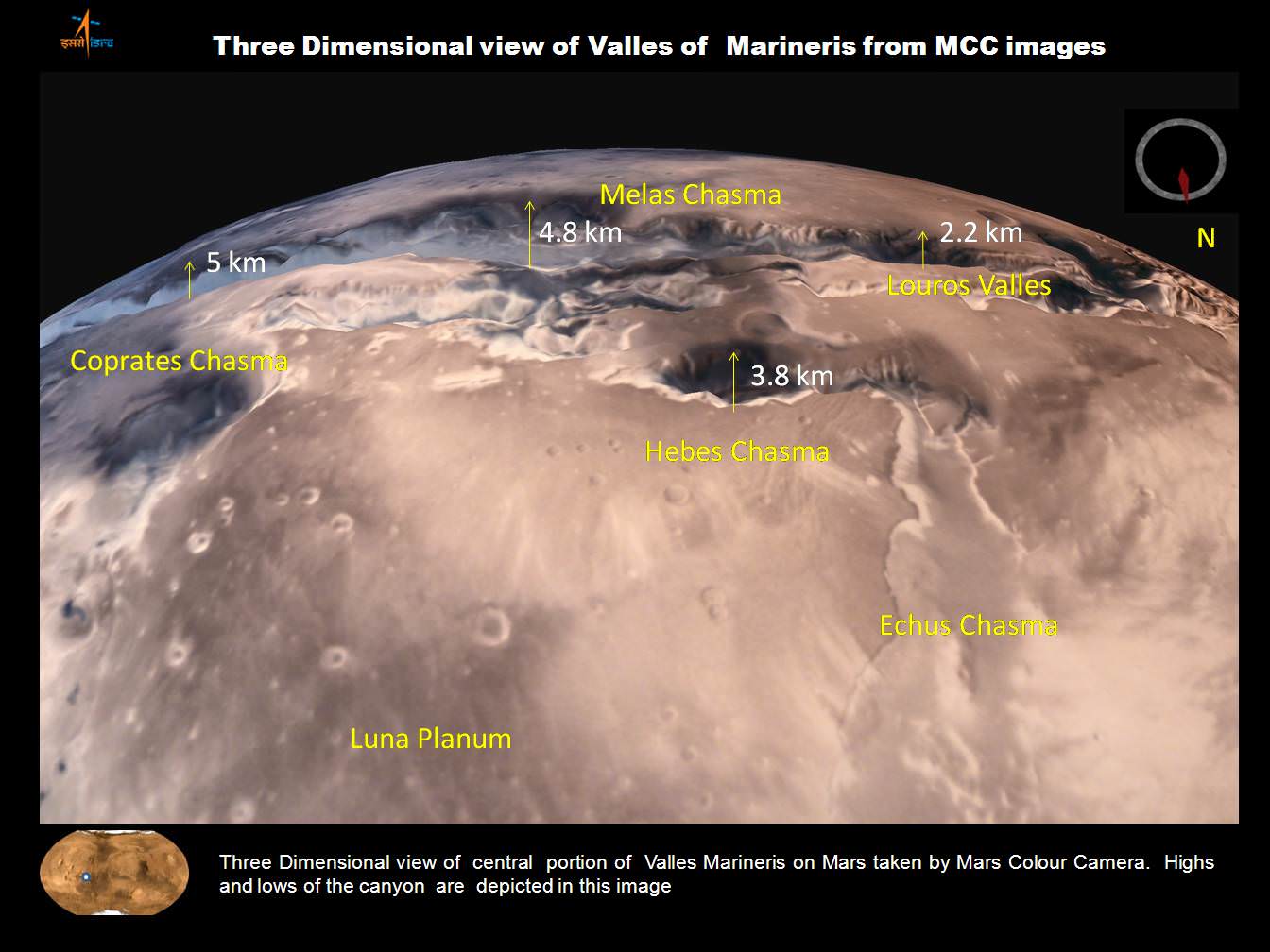 Three dimensional view of Valles Marineris center portion from India’s MOM Mars Mission.   Credit: ISRO