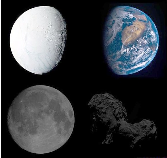 True brightness comparisons of four different Solar System bodies. At top are Saturn's moon Enceladus, its ice-covered surface making it one of the brightest objects in the Solar System, and Earth. At bottom are the Moon and Comet 67P. Credit: ESA
