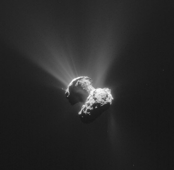 Comet 67P/C-G on June 21, 2015. The nucleus is a mixture of frozen ices and dust. As the comet approaches the Sun, sunlight warms its surface, causing the ices to boil away. This gas streams away carrying along large amounts of dust, and together they build up the coma. Copyright: ESA/Rosetta/NavCam – CC BY-SA IGO 3.0