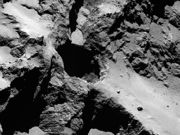 High-resolution view of active regions in Seth as seen with Rosetta’s OSIRIS narrow-angle camera on 20 September 2014 from a distance of about 26 km from the surface. The image scale is about 45 cm/pixel. The Seth_01 pit is seen close to centre and measures approximately 220 m across and 185 m deep. Credit: ESA/Rosetta/MPS for OSIRIS Team MPS/UPD/LAM/IAA/SSO/INTA/UPM/DASP/IDA