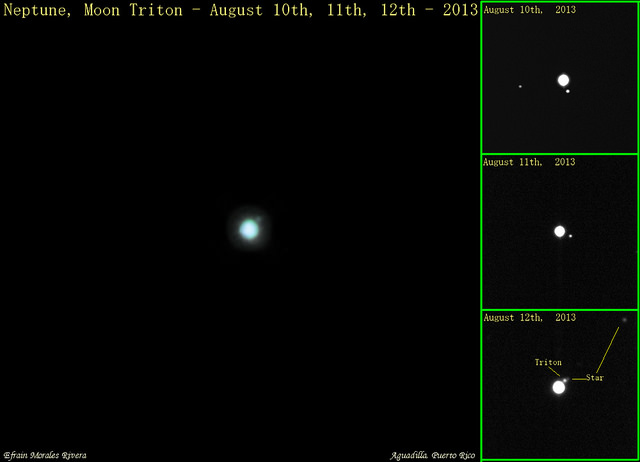 Triton in orbit around Neptune near opposition in 2011. Image credit: Efrain Morales 