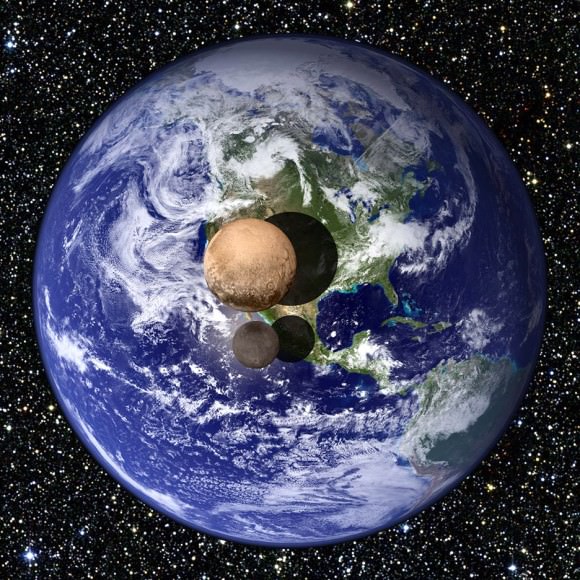 This graphic presents a view of Pluto and Charon as they would appear if placed slightly above Earth's surface and viewed from a great distance.  Recent measurements obtained by New Horizons indicate that Pluto has a diameter of 2370 km, 18.5% that of Earth's, while Charon has a diameter of 1208 km, 9.5% that of Earth's. Credit: NASA/JHUAPL/SWRI