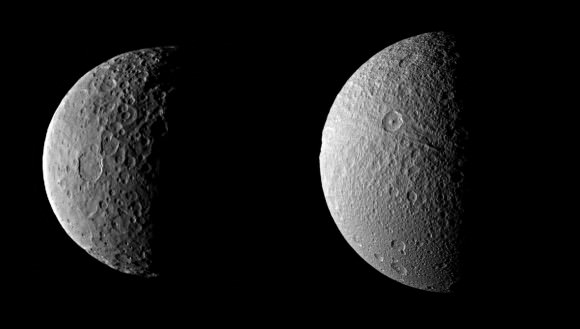 Ceres (left, Dawn image) compared to Tethys (right, Cassini image) at comparative scale sizes. (Credits: NASA/JPL-Caltech/UCLA/MPS/DLR/IDA and NASA/JPL-Caltech/SSI. Comparison by J. Major.)
