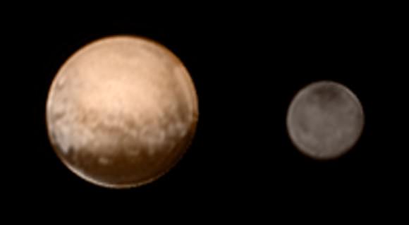 Color photos of Pluto and Charon side by side. The arcs along Pluto's right limb are artifacts but not the white border along the bottom. Could it be frost? Credit: 