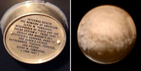 American astronomer Clyde Tombaugh discovered Pluto in 1903 from Lowell Observatory. Tombaugh died in 1997, but an ounce of his ashes, affixed to the spacecraft in a 2-inch aluminum container. "Interned herein are remains of American Clyde W. Tombaugh, discoverer of Pluto and the solar system's 'third zone.' Adelle and Muron's boy, Patricia's husband, Annette and Alden's father, astronomer, teacher, punster, and friend: Clyde Tombaugh (1906-1997)"
