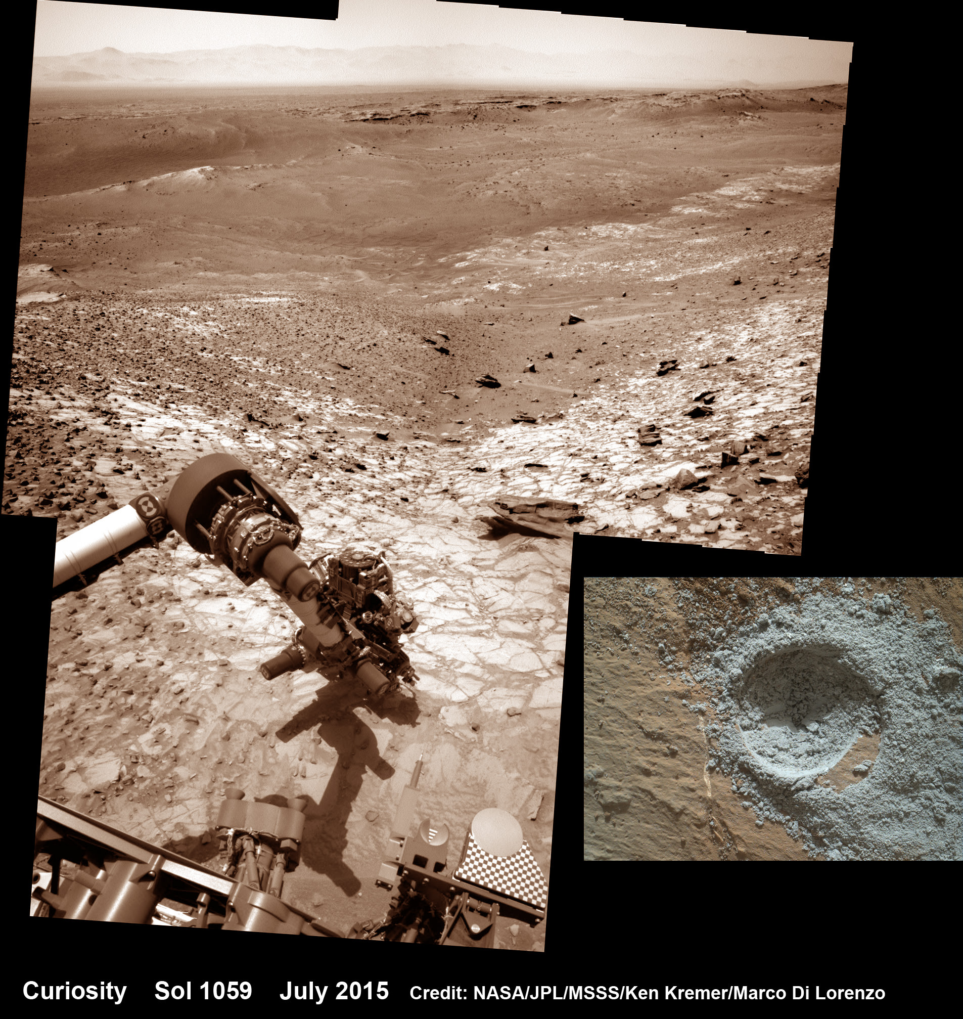 Curiosity conducts test drill at “Buckskin” rock target at bright toned “Lion” outcrop on the lower region of Mount Sharp on Mars.   Gale crater rim seen in the distant background, in this composite mosaic of navcam raw images taken to Sol 1059, July 30, 2015.  Navcam camera raw images stitched and colorized. Credit:  NASA/JPL-Caltech/Ken Kremer/kenkremer.com/Marco Di Lorenzo  Inset: MAHLI camera up close image of  test drill at “Buckskin” rock target.  Credit: NASA/JPL-Caltech/MSSS