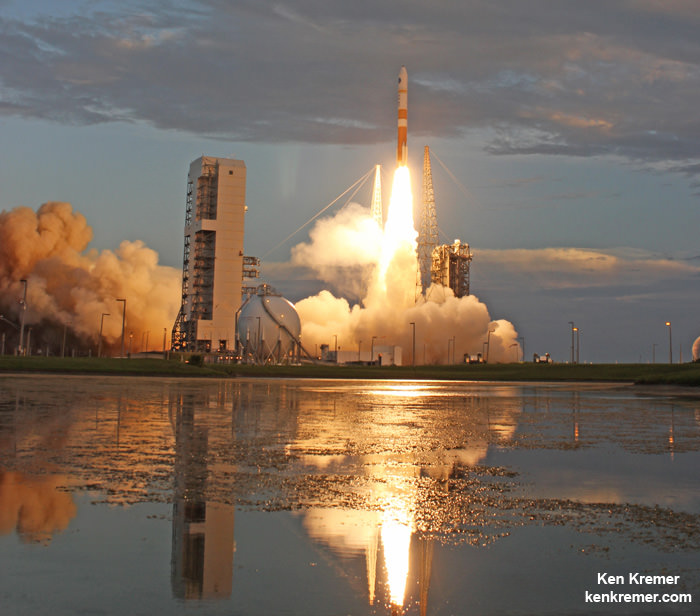A United Launch Alliance (ULA) Delta IV rocket carrying the WGS-7 mission for the U.S. Air Force launches from Cape Canaveral Air Force Station, Fl, on July 23, 2015.  Credit: Ken Kremer/kenkremer.com  