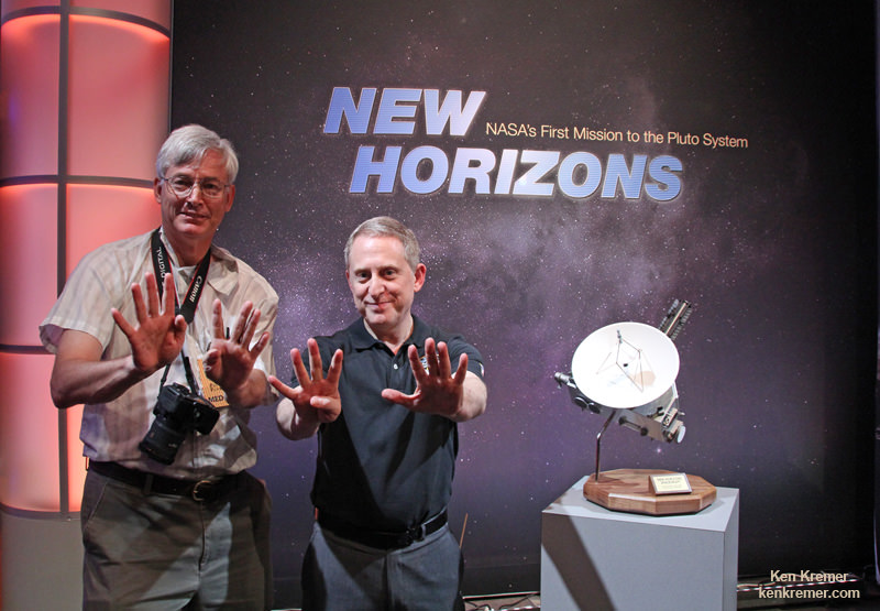 How many planets are there? A resounding 9! Says New Horizons Principal Investigator Alan Stern and Ken Kremer/Universe Today, flashing Stern’s signature ‘9 Planets’ call sign. Credit: Ken Kremer/kenkremer.com