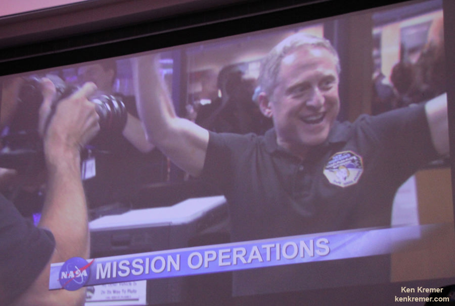 New Horizons Principal Investigator Alan Stern celebrates in mission control after reception of signal from NASA’s New Horizons probe at the Johns Hopkins University Applied Physics Laboratory (APL) in Laurel, Maryland after the successful Pluto flyby on July 14, 2015.  Credit: Ken Kremer/kenkremer.com